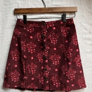 Hollister Corduroy-Feel Burgundy Floral Skirt